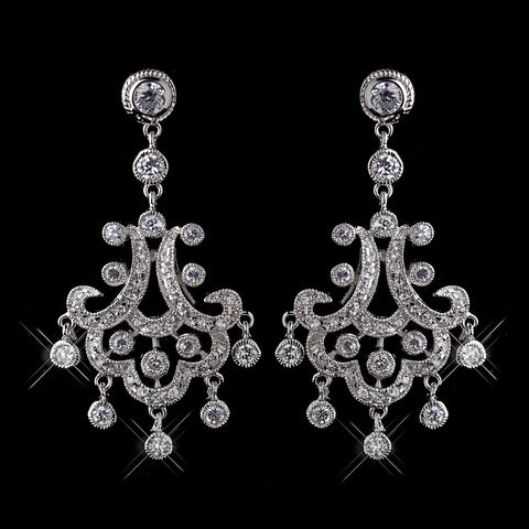 Antique Silver Clear Rhodium Chandelier CZ Bridal Wedding Earrings 3836