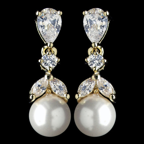 Gold Diamond White Pearl & CZ Crystal Drop Bridal Wedding Earrings 3905
