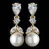 Gold Diamond White Pearl & CZ Crystal Drop Bridal Wedding Earrings 3905