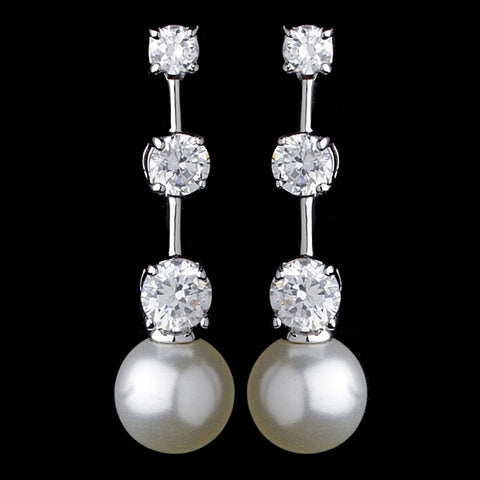 Charming Silver Clear CZ Bridal Wedding Earrings w/ Pearl Drop 3956