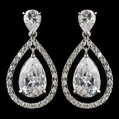 Antique Silver Rhodium Clear CZ Crystal Drop Bridal Wedding Earrings 4026