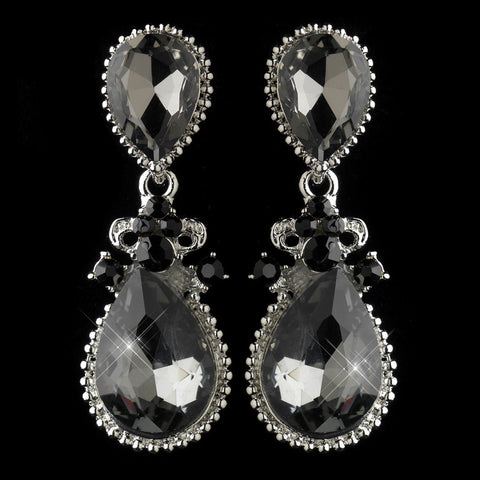 Antique Silver Smoked Black Diamond Rhinestone Teardrop Dangle Bridal Wedding Earrings 40691