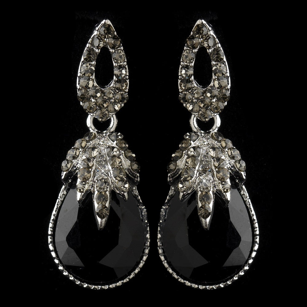 Antique Silver Black Rhinestone Teardrop Dangle Bridal Wedding Earrings 40697