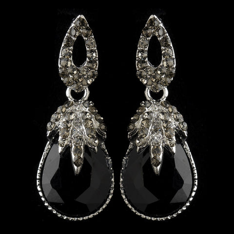 Antique Silver Black Rhinestone Teardrop Dangle Bridal Wedding Earrings 40697