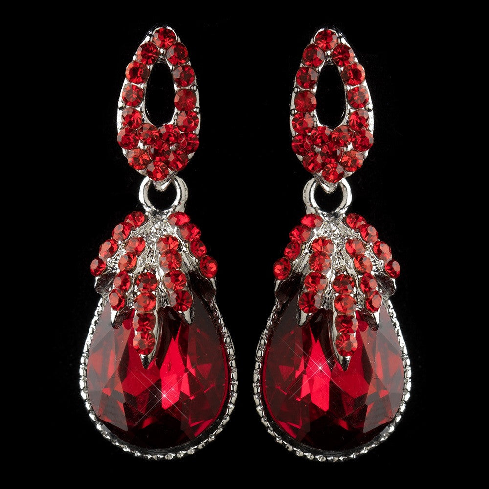 Antique Silver Red Rhinestone Teardrop Dangle Bridal Wedding Earrings 40697