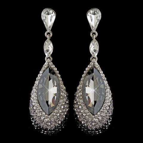 Silver Black & Smoke Teardrop Rhinestone Dangle Bridal Wedding Earrings 4105