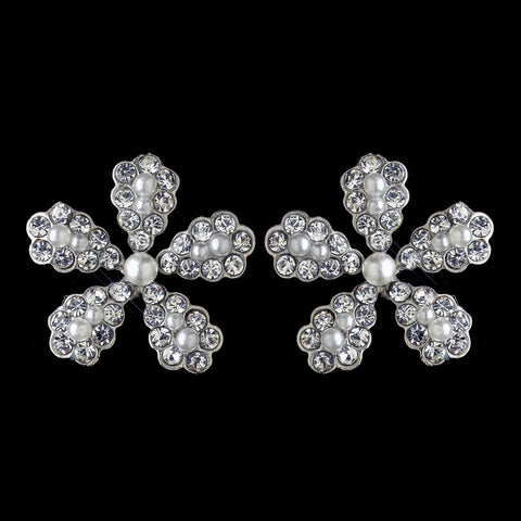 Silver White Pearl & Rhinestone Flower Stud Bridal Wedding Earrings 4106
