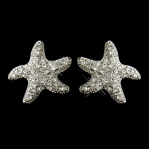 Antique Silver Clear CZ Crystal Starfish Bridal Wedding Earrings 4619