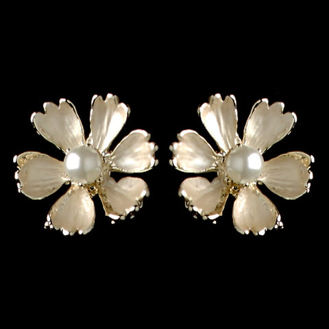 Gold Champagne Pearl Flower Stud Bridal Wedding Earrings 4838