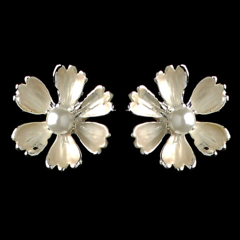 Silver White Pearl Flower Stud Bridal Wedding Earrings 4838