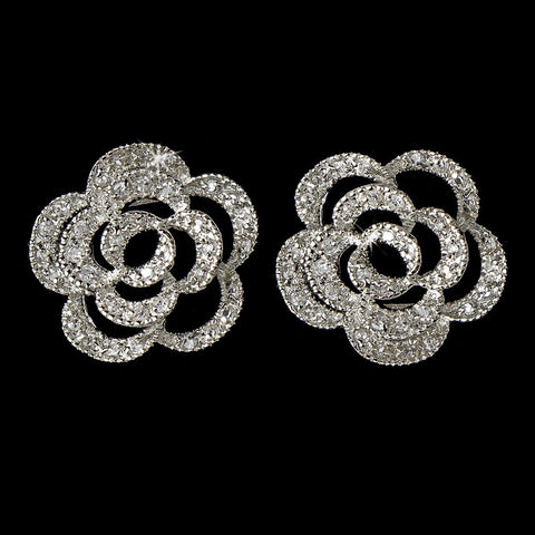Delightful CZ Antique Silver Flower Bridal Wedding Earrings w/ Clear Crystals 5195