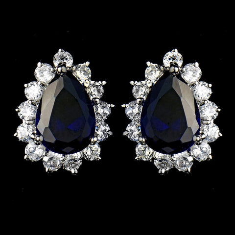 Floral Rhinestone Bridal Wedding Earrings with Navy Blue Accents E 5397