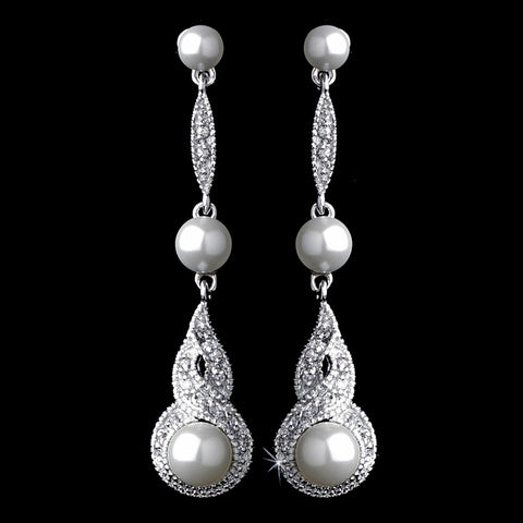 Antique Silver White Pearl & CZ Bridal Wedding Earring 5484