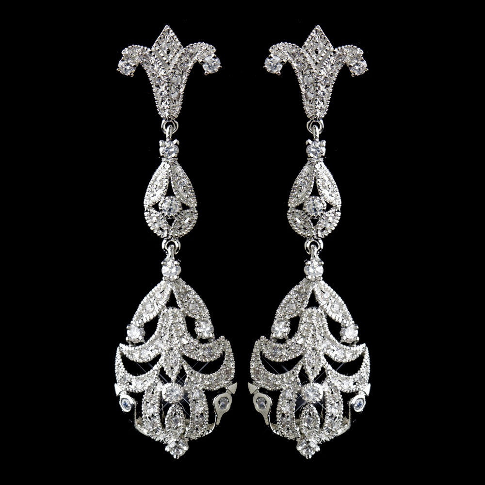 Antique Rhodium Silver Clear CZ Crystal Drop Bridal Wedding Earrings 5508