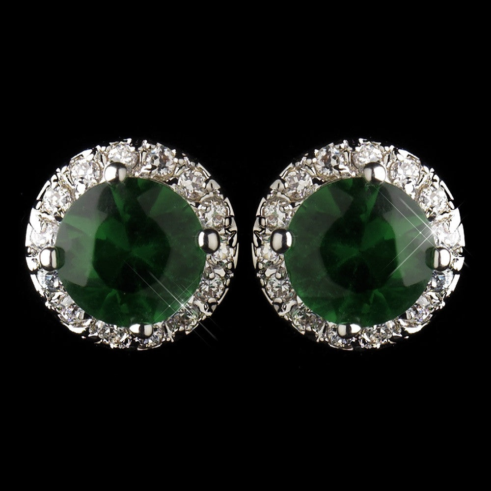 Antique Silver Rhodium Emerald CZ Crystal Stud Bridal Wedding Earrings 5601