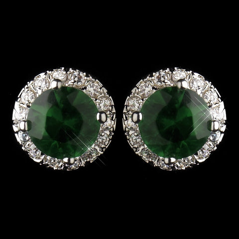 Antique Silver Rhodium Emerald CZ Crystal Stud Bridal Wedding Earrings 5601