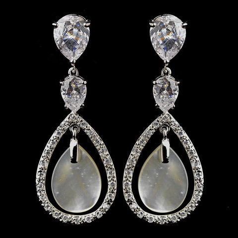 Antique Silver CZ & Mother of Pearl Bridal Wedding Earrings 5876