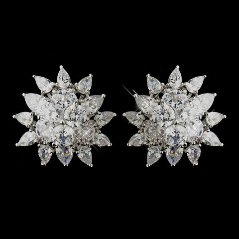 Antique Silver Clear CZ Sunflower Bridal Wedding Earrings 5901