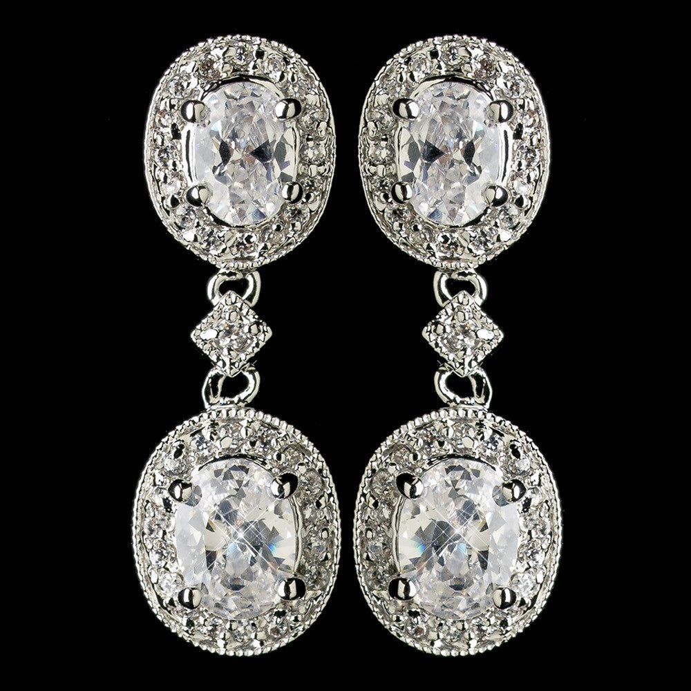 Antique Silver Clear Oval CZ Crystal Drop Bridal Wedding Earrings 5996