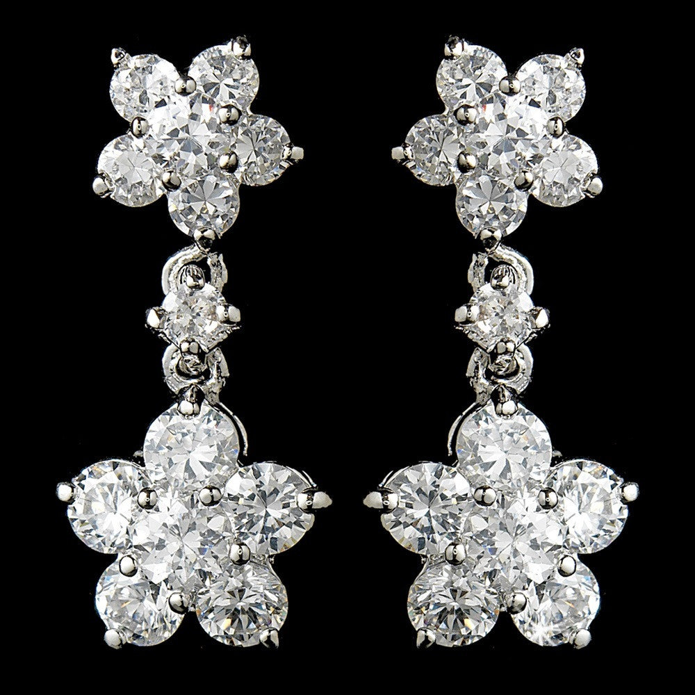 Stunning Antique Silver Clear CZ Flower Bridal Wedding Earrings E 6009