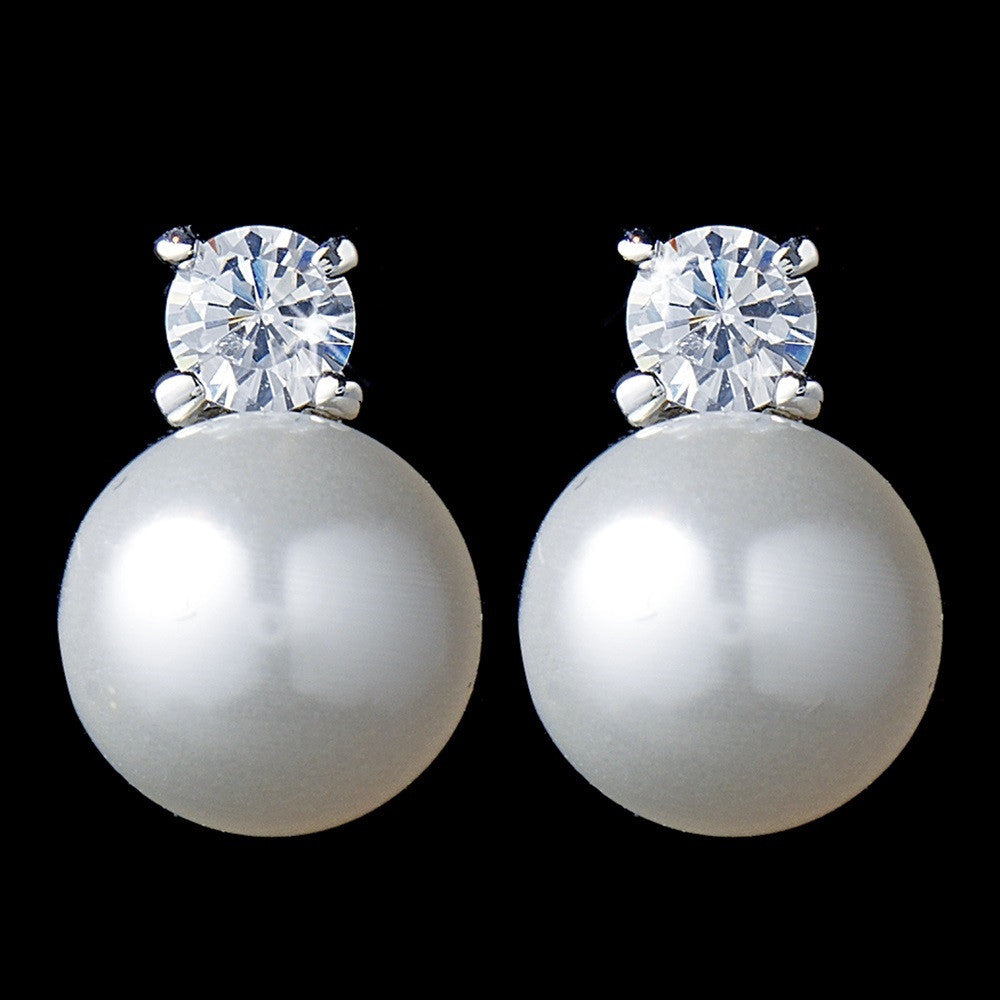 Charming Silver Clear CZ & White Pearl Bridal Wedding Earrings 6015