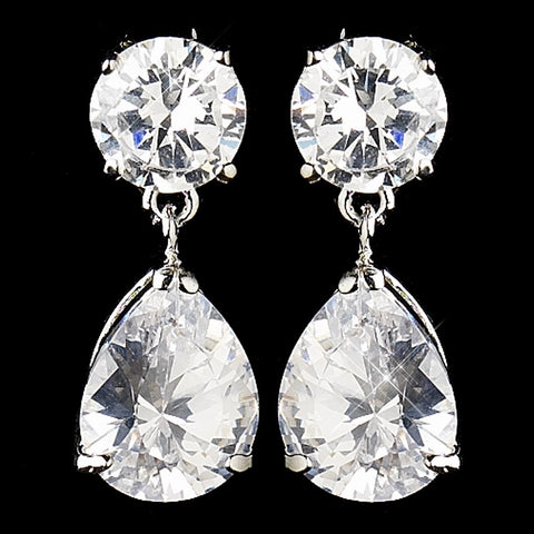Silver Clear Round and Dangle Tear Drop CZ Crystal Dangle Bridal Wedding Earrings 6042