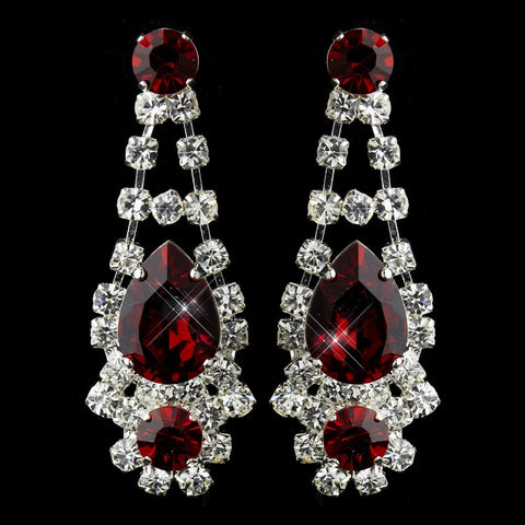 Silver Clear Crystal & Red Rhinestone Bridal Wedding Earrings 70013