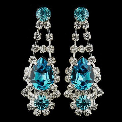 Silver Clear Crystal & Turquoise Rhinestone Bridal Wedding Earrings 70013