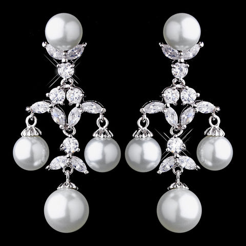 Lovely Antique Silver White Pearl & CZ Chandelier Bridal Wedding Earrings 7129