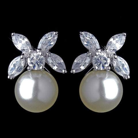 Antique Rhodium Silver CZ Clear Crystal & Diamond White Pearl Stud Bridal Wedding Earrings 7401