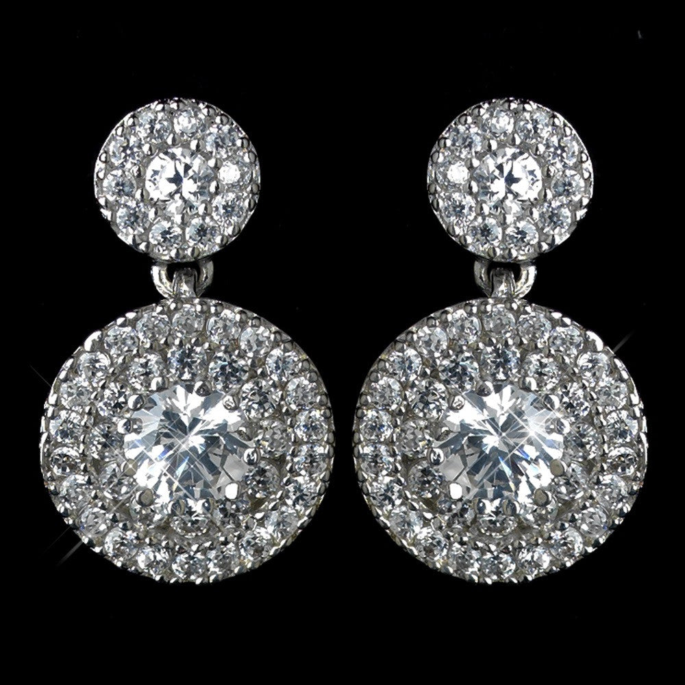Antique Rhodium Silver Clear CZ Crystal Petite Pave Solitaire Double Drop Bridal Wedding Earrings 7406