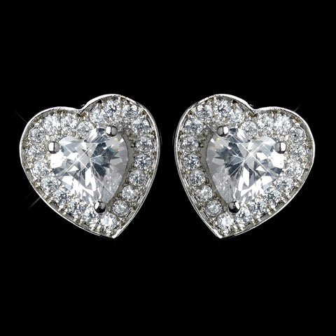 Antique Rhodium Silver CZ Crystal Heart Encrusted Bridal Wedding Earrings 7409