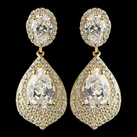 Gold Clear CZ Teardrop Crystal Drop Bridal Wedding Earrings 7412