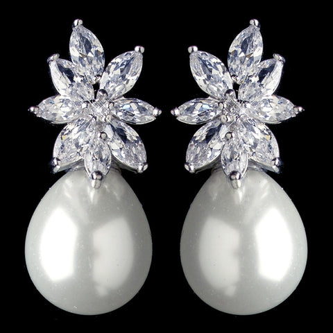 Rhodium Clear Marquise CZ Crystal & Diamond White Pearl Drop Bridal Wedding Earrings 7414