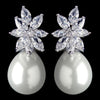 Rhodium Clear Marquise CZ Crystal & Diamond White Pearl Drop Bridal Wedding Earrings 7414