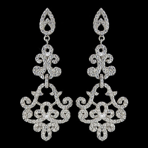 Rhodium Clear Encrusted CZ Crystal Swirl Chandelier Bridal Wedding Earrings 7425