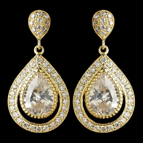 Gold Clear CZ Crystal Teardrop Drop Bridal Wedding Earrings 7427