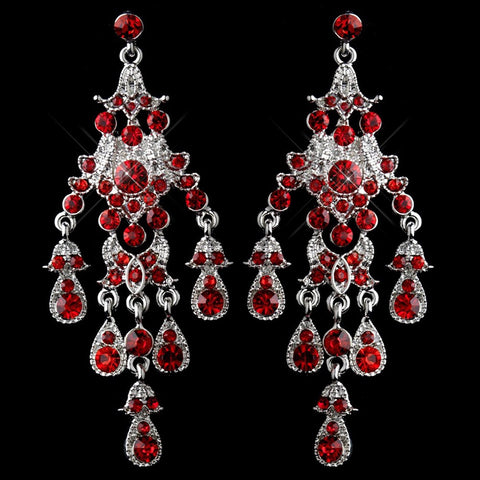 Antique Silver Red Rhinestone Chandelier Bridal Wedding Earrings 7595