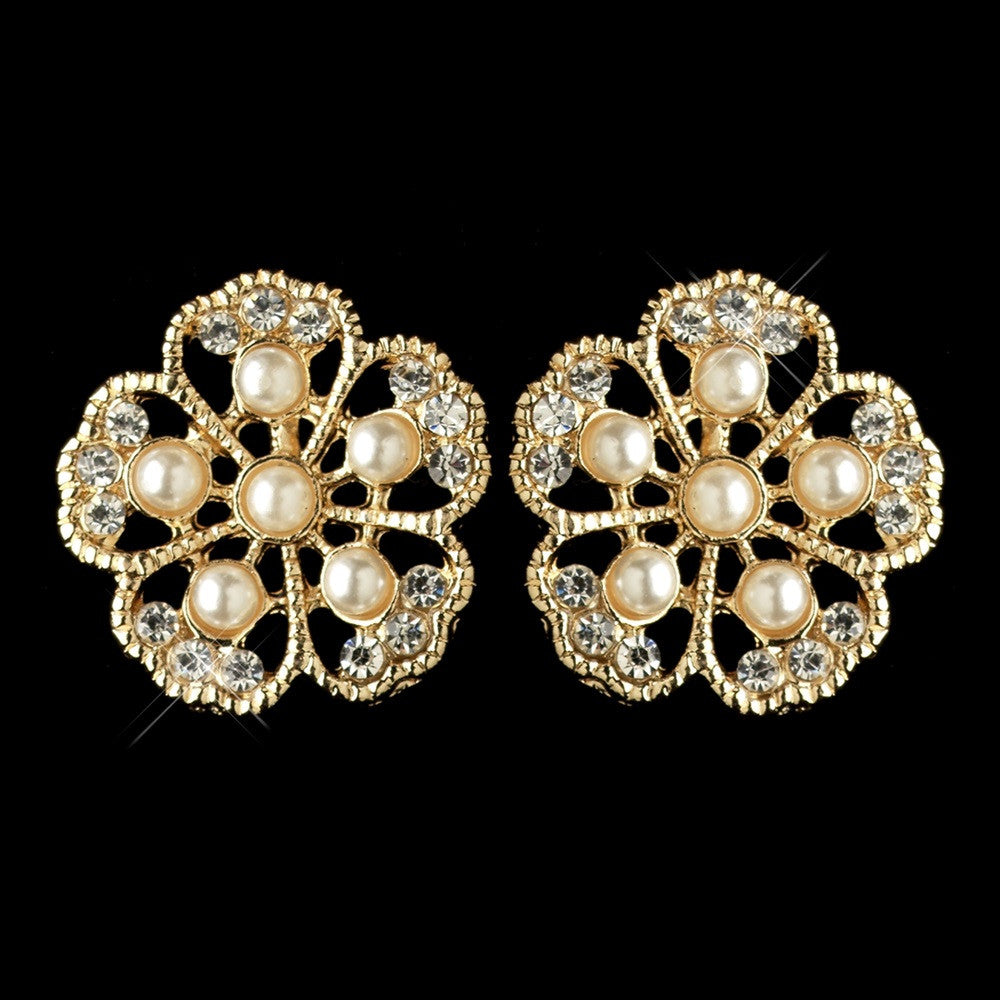 Gold Ivory Pearl & Rhinestone Flower Stud Earring 76002