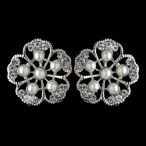 Rhodium White Pearl & Rhinestone Flower Stud Earring 76002