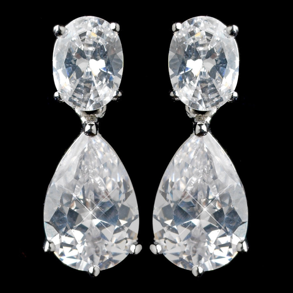 Rhodium Clear Pear & Oval Cut CZ Drop Bridal Wedding Earrings