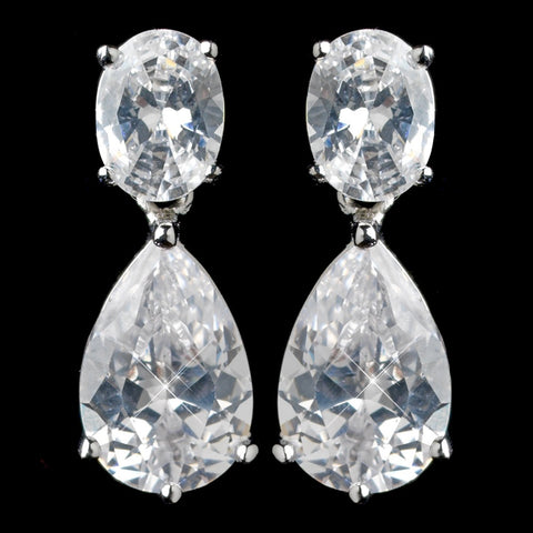 Rhodium Clear Pear & Oval Cut CZ Drop Bridal Wedding Earrings