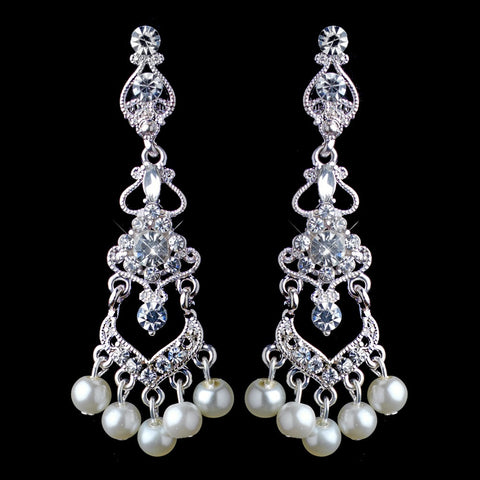 Silver Diamond White Pearl & Rhinestone Chandelier Bridal Wedding Hair Clip-on Bridal Wedding Earrings 7702