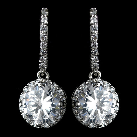 Antique Rhodium Silver Clear Encrusted Hook With CZ Crystal Solitaire Drop Bridal Wedding Earrings 7736