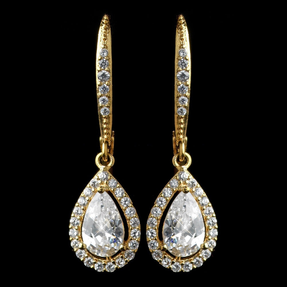 Gold Clear Leverback Teardrop CZ Drop Bridal Wedding Earrings 7740