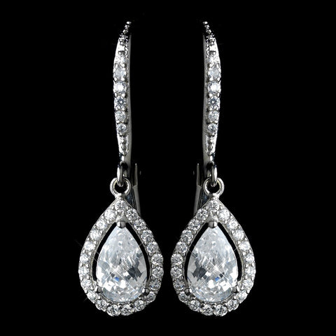 Antique Rhodium Silver Clear Teardrop Encrusted CZ Crystal Leverback Bridal Wedding Earrings 7740