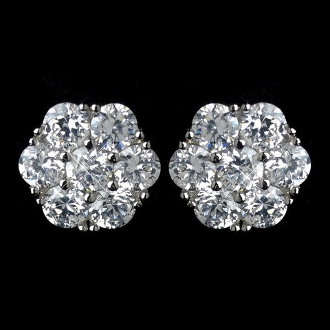 Antique Rhodium Silver Clear CZ Crystal Cluster Flower Bridal Wedding Earrings 7742