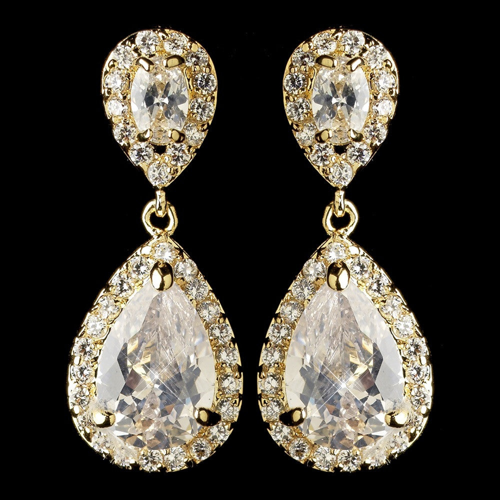 Gold Clear Oval & Teardrop CZ Crystal Drop Bridal Wedding Earrings 7761