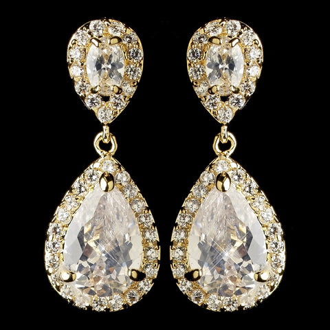 Gold Clear Oval & Teardrop CZ Crystal Drop Bridal Wedding Earrings 7761