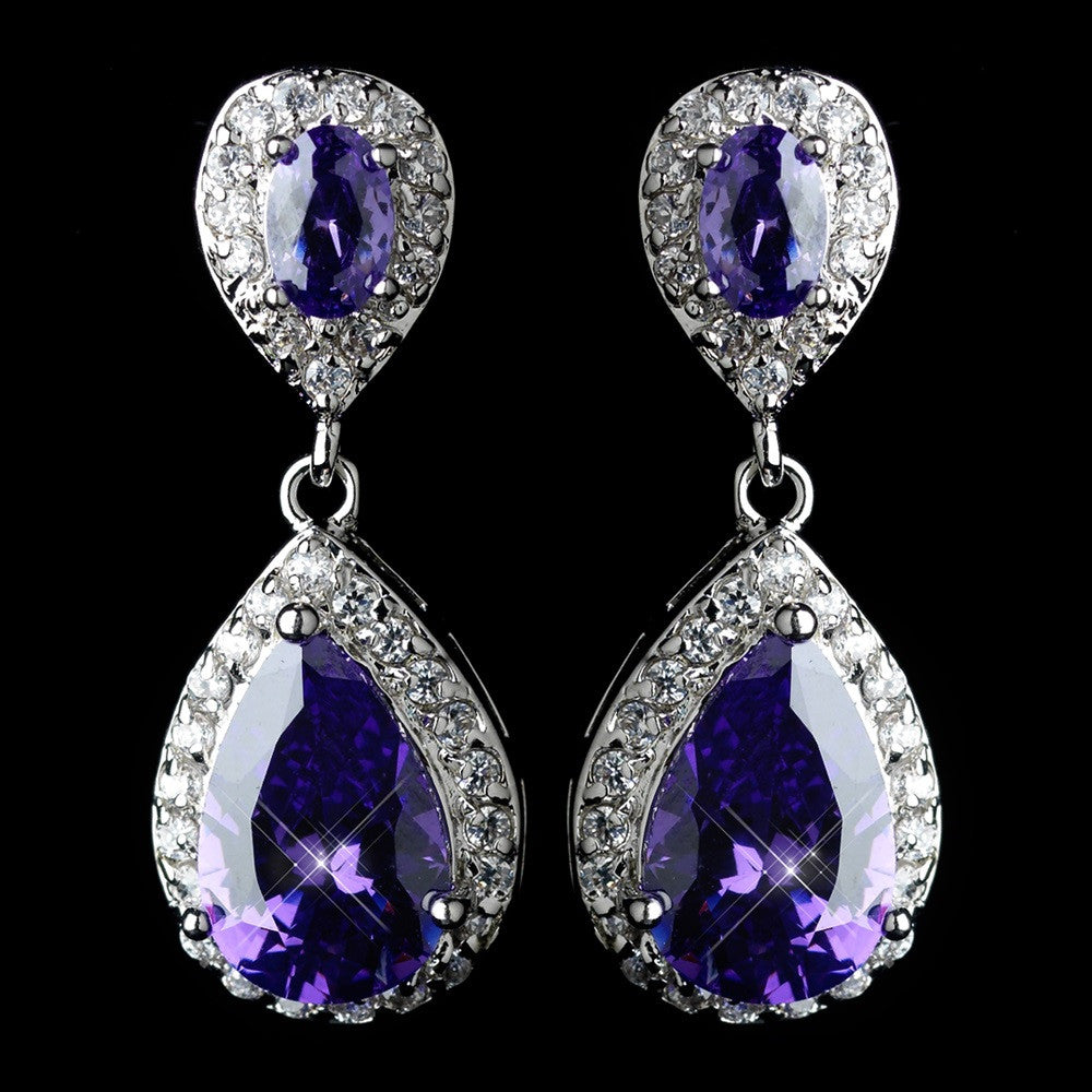 Antique Rhodium Silver Amethyst Tear Drop Encrusted CZ Crystal Bridal Wedding Earrings 7761